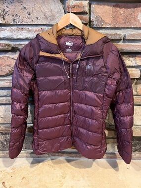 REI Burgundy Down Puffer Jacket with Tan Hood Lining